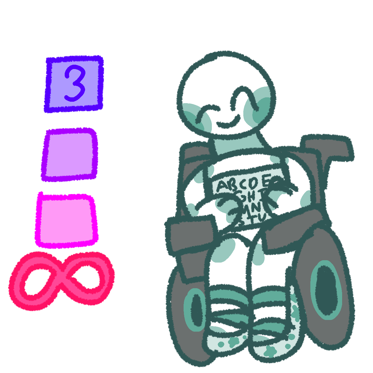 on the left is an indigo block with a dark indigo 3 inside above purple and pink blocks, all of which are above a red infinity sign. On the right is a smiling white and teal person with bell's palsy sitting in a gray wheelchair, wearing light gray afos with teal polka dots and stars, and holding a light gray letterboard